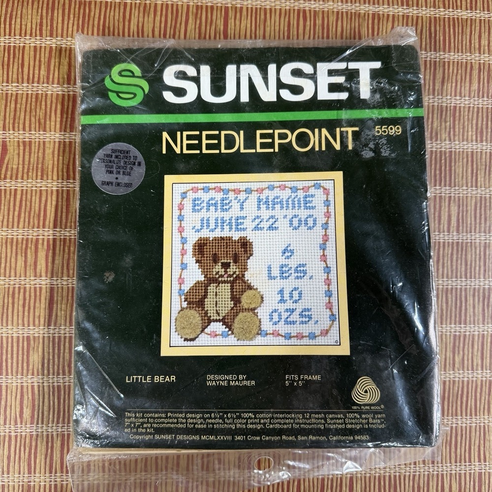 Sunset Needlepoint Little Bear 5599 Vintage Name Birth Record NEW